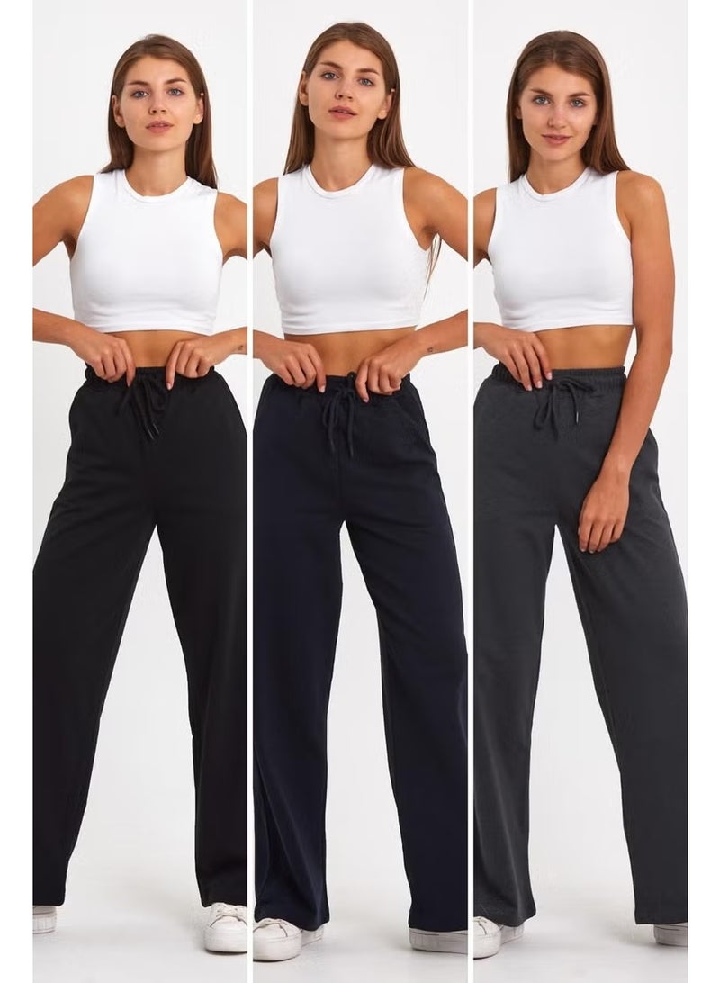 mmetalic Black-Navy Blue-Anthracite Women's Seasonal Casual Wide Leg Side Pocket 3-Pack Sweatpants - Image 1